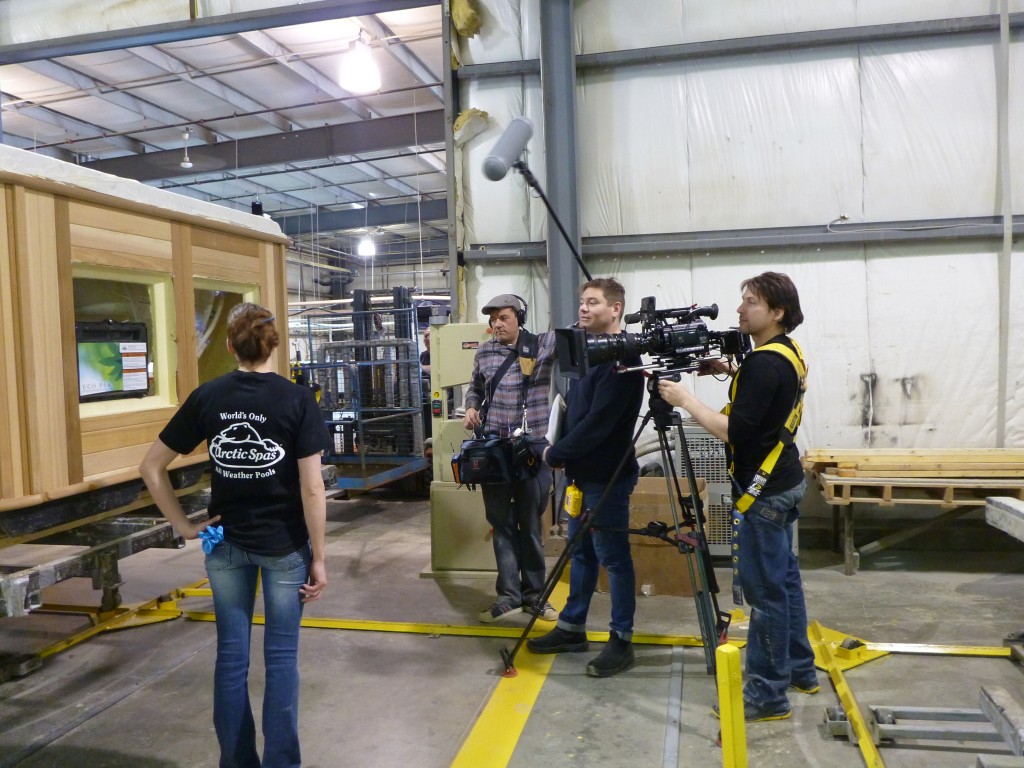 Filming crew from Discovery Channel in the Arctic Spas factory in Thorsby